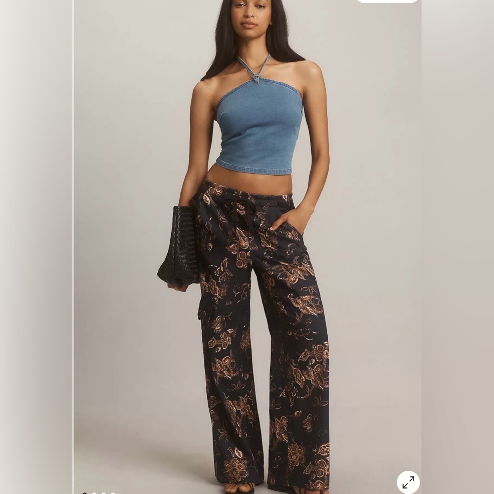Anthropologie Pilcro Beach Cargo Linen Pants Pockets Floral Navy Combo